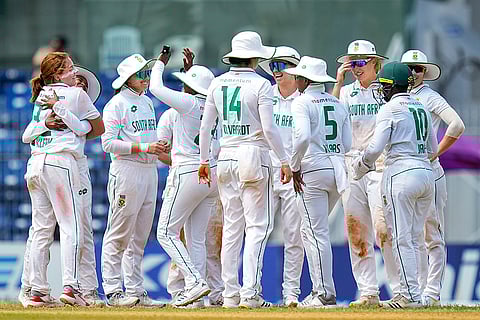 Nadine de Klerk celebrates the wicket of Shubha Satheesh